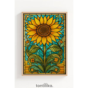 Renkli Ayçiçeği Vitray Stil Dekoratif Ahşap Çerçeveli Tablo – Salon Duvar Dekoru 21x30 cm