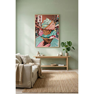 Renkli Dondurma İllüstrasyonu Dekoratif Ahşap Çerçeveli Tablo – İllüstrasyon Tema 21x30 cm