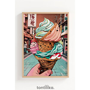 Renkli Dondurma İllüstrasyonu Dekoratif Ahşap Çerçeveli Tablo – İllüstrasyon Tema 21x30 cm