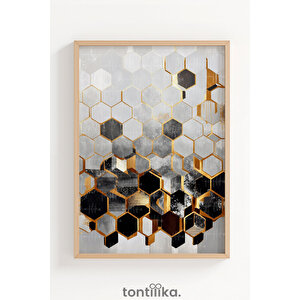 Altın Detaylı Geometrik Soyut Kompozisyon Dekoratif Ahşap Çerçeveli Tablo – Geometrik Tema 21x30 cm