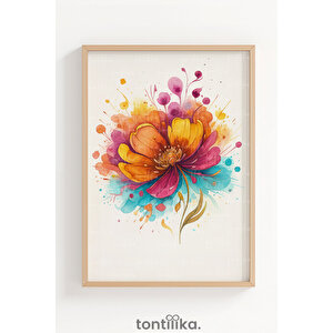 Renkli Çiçek Soyut Sanat Dekoratif Ahşap Çerçeveli Tablo – Modern Salon Dekoru 21x30 cm