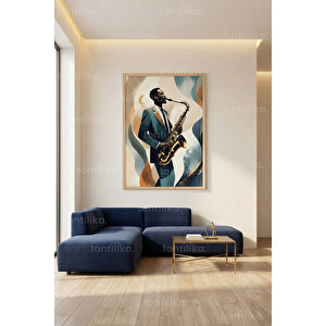 Caz Saksafoncu İllüstrasyon 1. Kalite Ahşap Çerçeveli Dekoratif Tablo – Tekli-50x70 50x70 cm