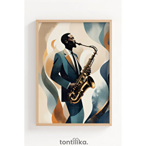 Caz Saksafoncu İllüstrasyon 1. Kalite Ahşap Çerçeveli Dekoratif Tablo – Tekli-50x70 50x70 cm
