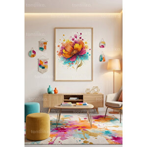 Renkli Çiçek Soyut Sanat Dekoratif Ahşap Çerçeveli Tablo – Modern Salon Dekoru 50x70 cm