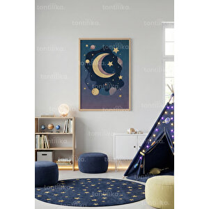 Ay Ve Yıldızlar Gece Gökyüzü Dekoratif Ahşap Çerçeveli Tablo – Çocuk Odası Dekoru 30x42 cm