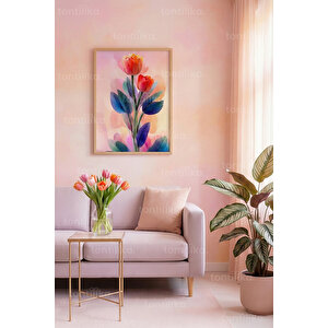 Renkli Çiçek İllüstrasyonu Dekoratif Ahşap Çerçeveli Tablo – Bitki Ve Çiçek Tema-21x30 21x30 cm