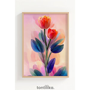 Renkli Çiçek İllüstrasyonu Dekoratif Ahşap Çerçeveli Tablo – Bitki Ve Çiçek Tema-21x30 21x30 cm