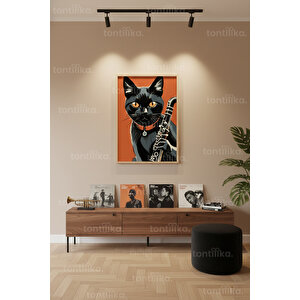 Klarinetli Siyah Kedi 1. Kalite Ahşap Çerçeveli Dekoratif Tablo – Tekli-30x42 30x42 cm
