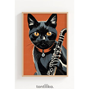 Klarinetli Siyah Kedi 1. Kalite Ahşap Çerçeveli Dekoratif Tablo – Tekli-30x42 30x42 cm