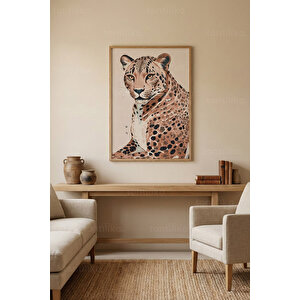 Zarif Leopar Portresi Dekoratif Ahşap Çerçeveli Tablo – Doğa Tema 30x42 cm