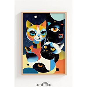 Renkli Kedi Portreleri 1. Kalite Ahşap Çerçeveli Dekoratif Tablo – Tekli-21x30 21x30 cm