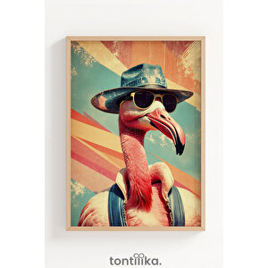 Şapkalı Flamingo Retro Tarz 1. Kalite Ahşap Çerçeveli Dekoratif Tablo – Tekli-50x70 50x70 cm