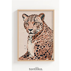 Zarif Leopar Portresi Dekoratif Ahşap Çerçeveli Tablo – Doğa Tema 50x70 cm