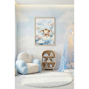 Bulutların Üzerinde Sevimli Fil Dekoratif Ahşap Çerçeveli Tablo – Çocuk Odası Duvar Dekoru 21x30 cm