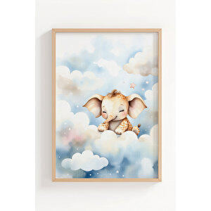 Bulutların Üzerinde Sevimli Fil Dekoratif Ahşap Çerçeveli Tablo – Çocuk Odası Duvar Dekoru 21x30 cm