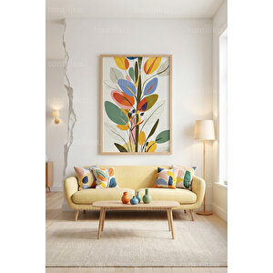 Renkli Modern Yaprak İllüstrasyonu Dekoratif Ahşap Çerçeveli Tablo – Doğa Tema 30x42 cm