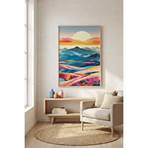 Renkli Dağ Manzarası Dekoratif Ahşap Çerçeveli Tablo – Doğa Tema 50x70 cm