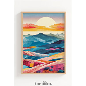 Renkli Dağ Manzarası Dekoratif Ahşap Çerçeveli Tablo – Doğa Tema 50x70 cm