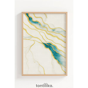 Turkuaz Ve Altın Mermer Desen Dekoratif Ahşap Çerçeveli Tablo – Modern Salon Dekoru 50x70 cm