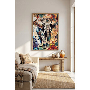 Etnik Desenli Renkli Fil İllüstrasyonu Dekoratif Ahşap Çerçeveli Tablo – İllüstrasyon Tema 50x70 cm