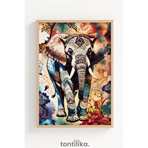 Etnik Desenli Renkli Fil İllüstrasyonu Dekoratif Ahşap Çerçeveli Tablo – İllüstrasyon Tema 50x70 cm
