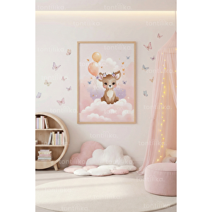 Pembe Balonlu Geyik Dekoratif Ahşap Çerçeveli Tablo – Çocuk Odası Duvar Dekoru 50x70 cm