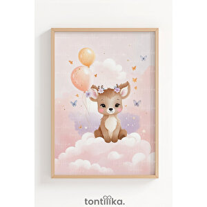 Pembe Balonlu Geyik Dekoratif Ahşap Çerçeveli Tablo – Çocuk Odası Duvar Dekoru 50x70 cm