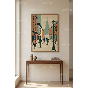 Modern Şehir Silüeti Dekoratif Ahşap Çerçeveli Tablo – Minimal Sokak Sanatı Duvar Dekoru 21x30 cm