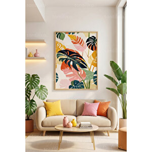 Canlı Renkli Tropik Yapraklar Dekoratif Ahşap Çerçeveli Tablo – Bitki Ve Çiçek Tema 50x70 cm