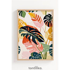 Canlı Renkli Tropik Yapraklar Dekoratif Ahşap Çerçeveli Tablo – Bitki Ve Çiçek Tema 50x70 cm