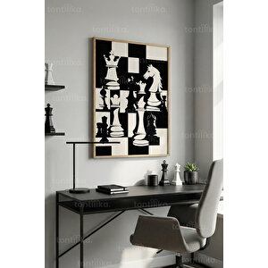 Satranç Taşları Siyah Beyaz Soyut 1. Kalite Ahşap Çerçeveli Tablo – Dekoratif Tekli-50x70cm 50x70 cm