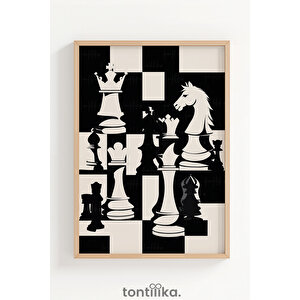 Satranç Taşları Siyah Beyaz Soyut 1. Kalite Ahşap Çerçeveli Tablo – Dekoratif Tekli-50x70cm 50x70 cm