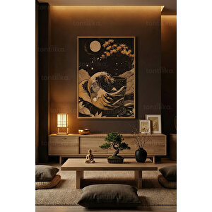 Ay Işığında Dalga Ve Ağaç 1. Kalite Ahşap Çerçeveli Dekoratif Tablo – Tekli-30x42 30x42 cm