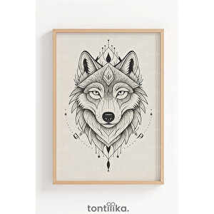 Minimal Çizim Kurt Portresi Dekoratif Ahşap Çerçeveli Tablo – Salon Duvar Dekoru 30x42 cm
