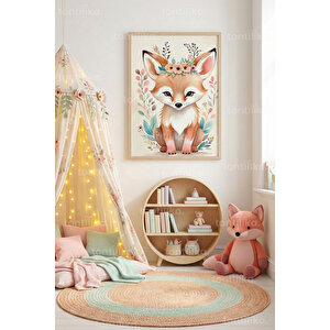 Çiçek Taçlı Sevimli Tilki Dekoratif Ahşap Çerçeveli Tablo – Çocuk Odası Duvar Dekoru 30x42 cm