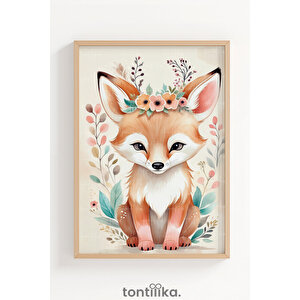 Çiçek Taçlı Sevimli Tilki Dekoratif Ahşap Çerçeveli Tablo – Çocuk Odası Duvar Dekoru 30x42 cm