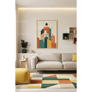 Modern Geometrik Şehir Silüeti Dekoratif Ahşap Çerçeveli Tablo – Salon Duvar Dekoru 30x42 cm