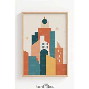 Modern Geometrik Şehir Silüeti Dekoratif Ahşap Çerçeveli Tablo – Salon Duvar Dekoru 30x42 cm