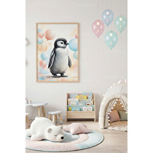 Pastel Balonlu Sevimli Penguen İllüstrasyon Dekoratif Ahşap Çerçeveli Tablo – Çocuk Odası 30x42 cm