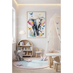 Kelebekli Sevimli Fil Dekoratif Ahşap Çerçeveli Tablo – Çocuk Odası Duvar Dekoru 21x30 cm