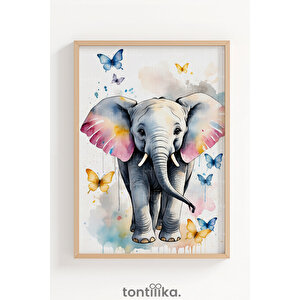 Kelebekli Sevimli Fil Dekoratif Ahşap Çerçeveli Tablo – Çocuk Odası Duvar Dekoru 50x70 cm