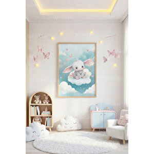 Bulutlar Arasında Sevimli Tavşan Dekoratif Ahşap Çerçeveli Tablo – Çocuk Odası Duvar Dekoru 50x70 cm