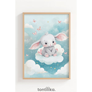 Bulutlar Arasında Sevimli Tavşan Dekoratif Ahşap Çerçeveli Tablo – Çocuk Odası Duvar Dekoru 50x70 cm