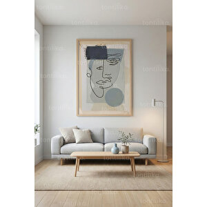 Soyut Mavi Tonlar Çizgi Yüz Dekoratif Ahşap Çerçeveli Tablo – Modern Minimal Tema-30x42 30x42 cm