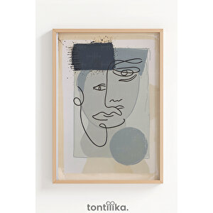 Soyut Mavi Tonlar Çizgi Yüz Dekoratif Ahşap Çerçeveli Tablo – Modern Minimal Tema-30x42 30x42 cm