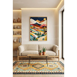 Sıcak Renkli Çöl Kaktüs Manzarası Dekoratif Ahşap Çerçeveli Tablo – Doğa Tema 30x42 cm