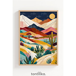 Sıcak Renkli Çöl Kaktüs Manzarası Dekoratif Ahşap Çerçeveli Tablo – Doğa Tema 30x42 cm