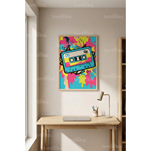 Renkli Kaset Graffiti Dekoratif Ahşap Çerçeveli Tablo – Genç Odası Duvar Dekoru 50x70 cm