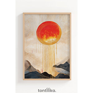 Soyut Güneş Ve Dağ Kompozisyonu Dekoratif Ahşap Çerçeveli Tablo – Soyut Tema 30x42 cm