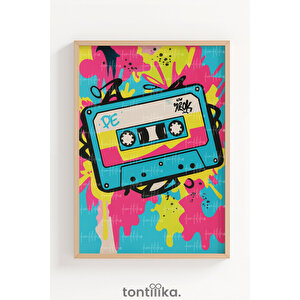 Renkli Kaset Graffiti Dekoratif Ahşap Çerçeveli Tablo – Genç Odası Duvar Dekoru 21x30 cm